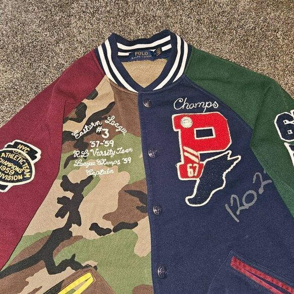 Polo Ralph Lauren Tiger Fleece Bomber Patch P Wing Varsity Camo Jacket Size M - Picture 2 of 8